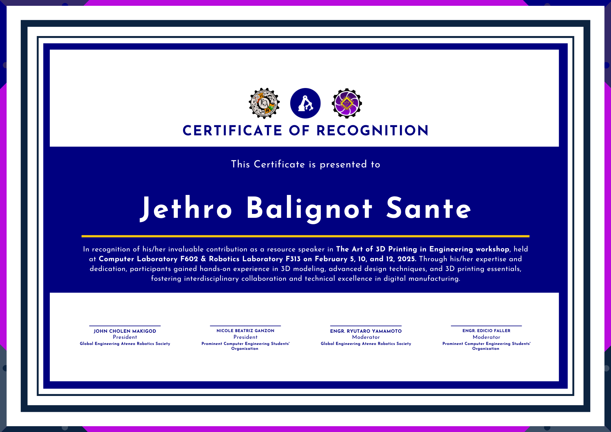 3D Printing Workshop Certificate of Recognition